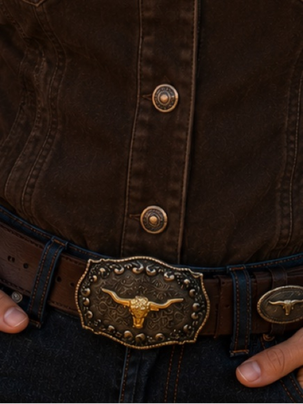Women's Western Longhorn Buckle Belt Brown Faux Suede Gold Tone Accents